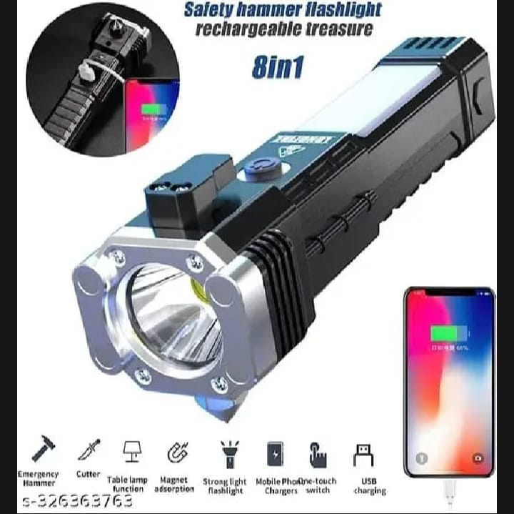 Multifunction 8in1 Portable Led Flashlight Rechargeable LED Torch Flashlight | Car Emergency Tool with Window Breaker Hammer | Cutter | Flashlight Household Rechargeable Ultra Strong Outdoor Bright Led Flashlight