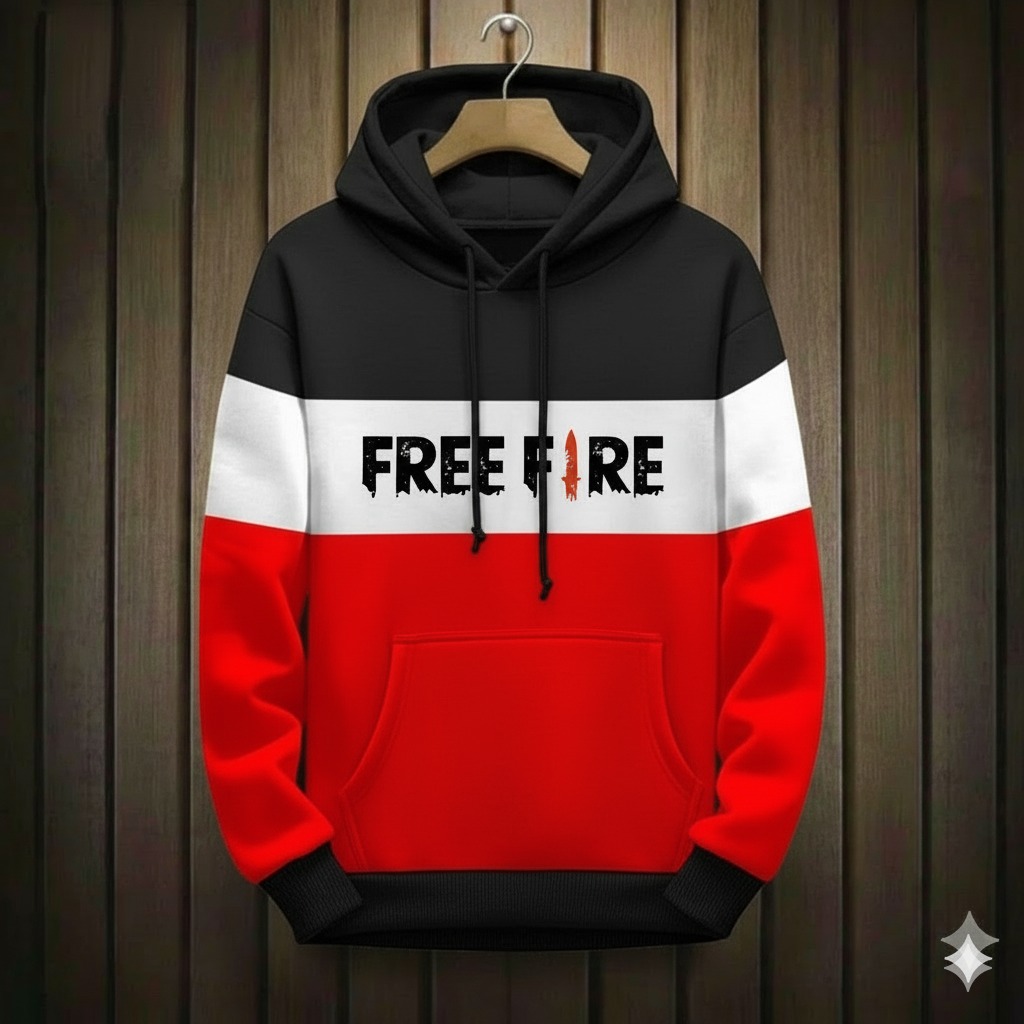 Men Winter Fleece Sweater Hoodie | Free Fire Printed Warm Wear | Color-Block Gaming Style