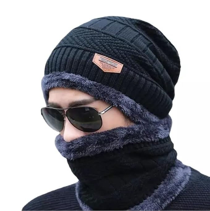 2 Piece Winter Beanie Cap + Neck Warmer Set | Woolen Hat & Muffler for Men & Kids | Warm Winter Cap for Bike, Boys & Outdoor Use | Topi Hat Cap Neck Warmer Full Set