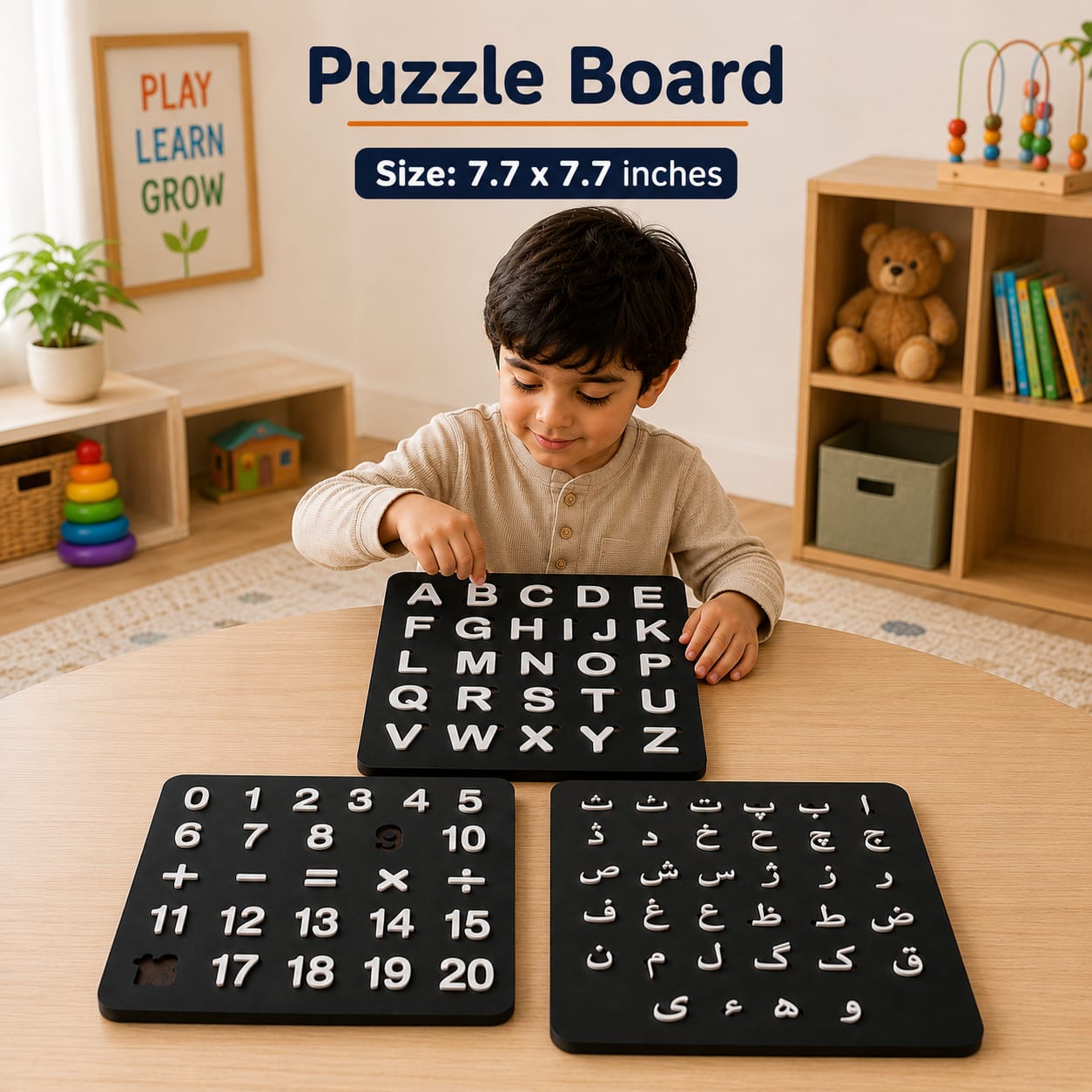 Wooden English Alphabet Puzzle Board for Kids | ABC Letter Learning Educational Toy | Urdu alphabet Puzzle Board Wooden | Preschool Early Learning Puzzle | Childhood English,Urdu,Math learning Educational Toy | Gift for For Kids Boys & Girl | Puzzle Board