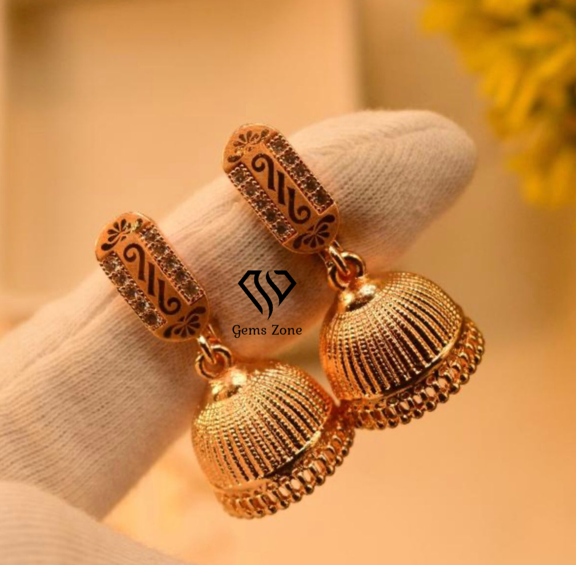 Stylish Golden Jhumka Earrings With White Stone For Girls And Women. Gemszone Jewellery . Jhumka For Girls . Weeding Jewllery. Balliyan For Girls And Women