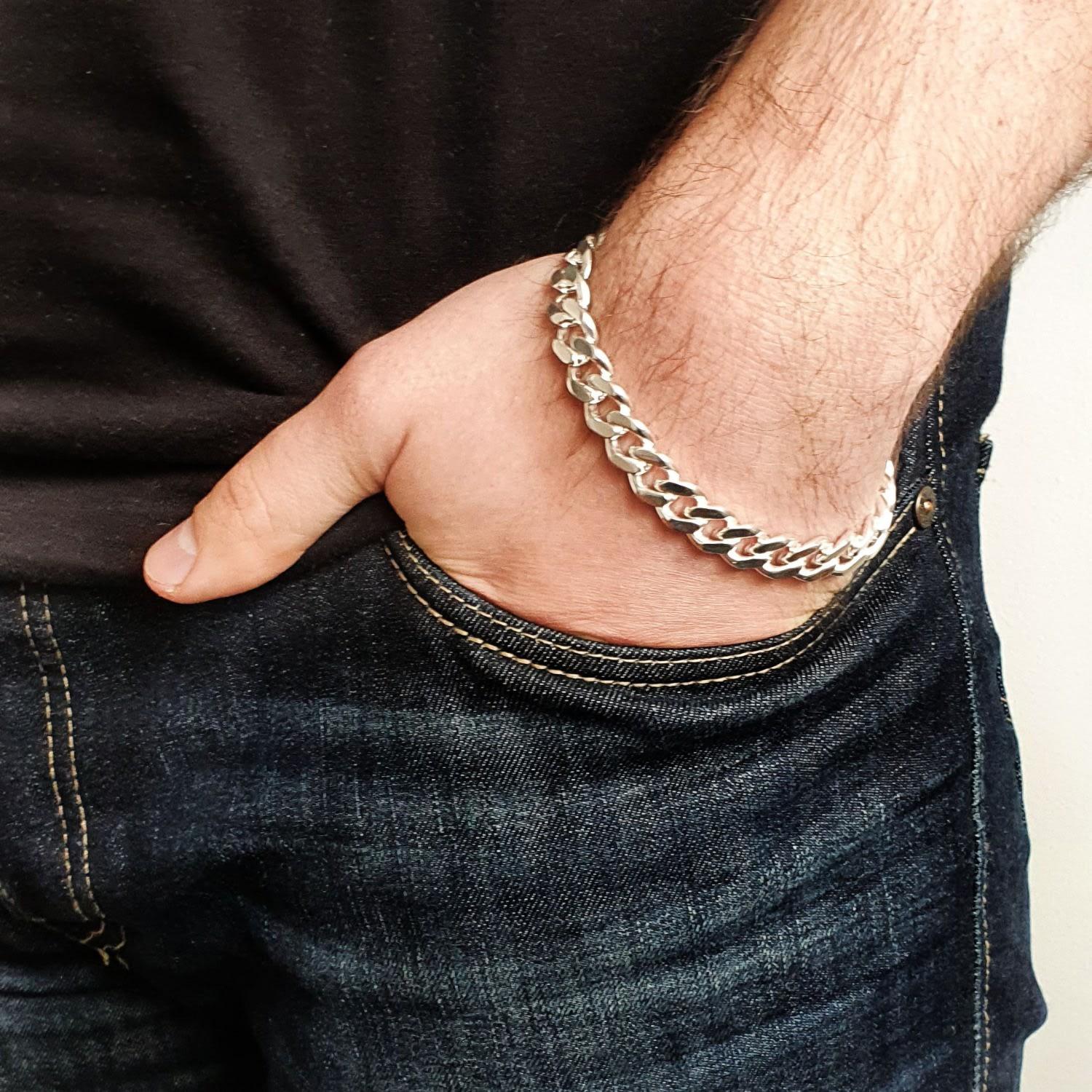 Set of Silver Stainless Steel Cuban Link Neck Chain and Wrist Bracelet Band for Men / Boys