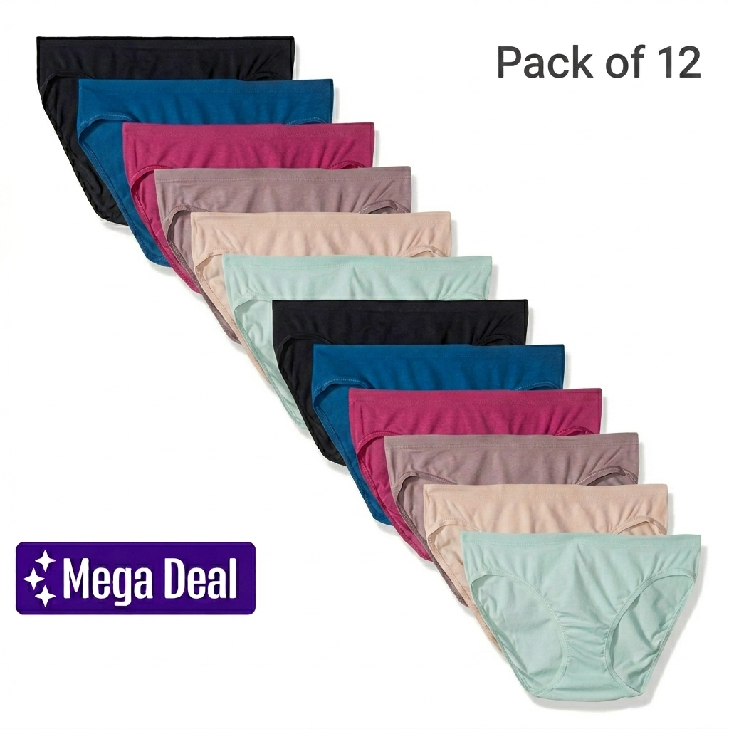 Pack of 12 Panties Soft Cotton Underwear Panties For Women & Girls Multicolor Cotton Panties Panty For Girl Panty For Women Ladies Undergarments For women - Non Period Panties - Panties For Girls - Panties For Women Dress Panties price in Pakistan