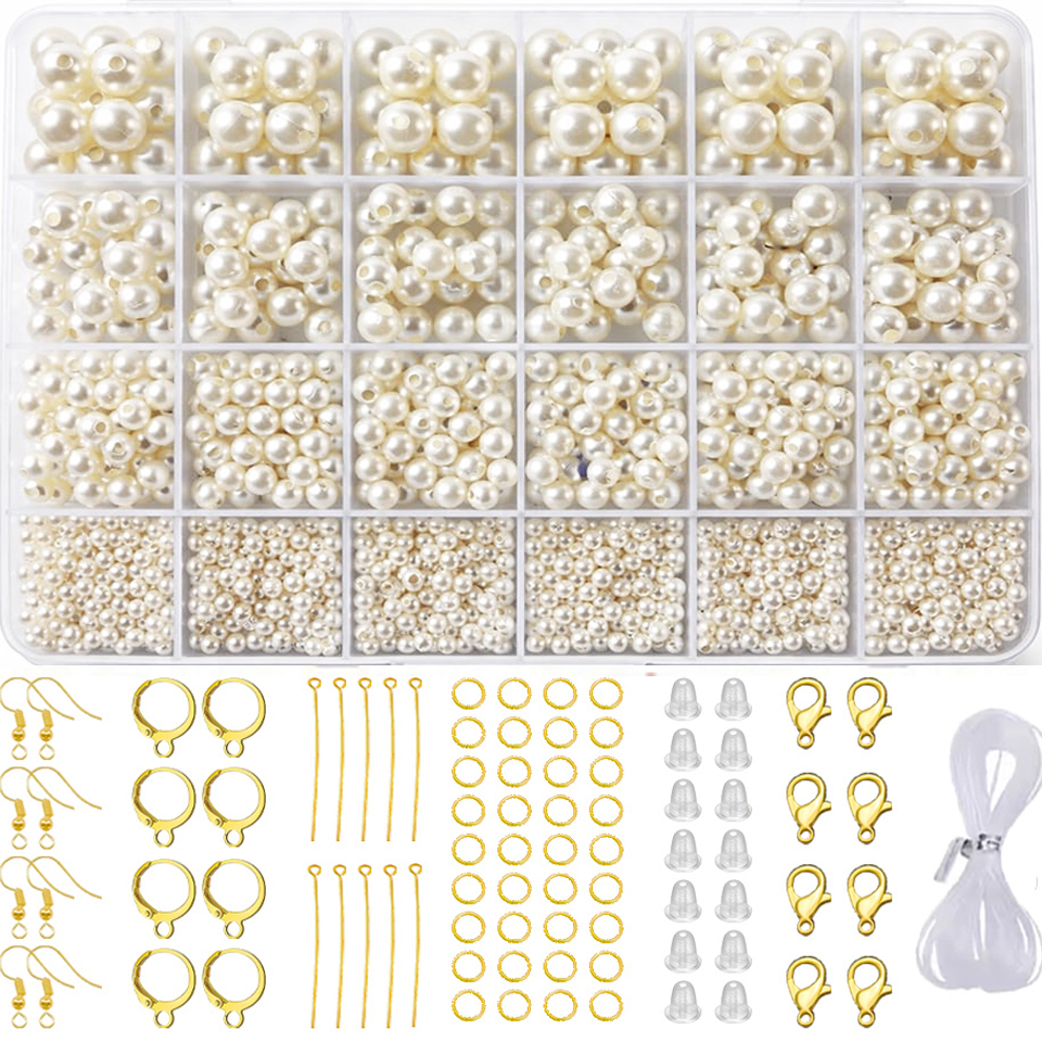 1400 PCS Pearl Beads Jewelry Making Kit with 4mm, 6mm, 8mm & 10mm Faux Pearl Beads – Assorted Cream Pearl Beads with Earring Hooks, Clasps, Eye Pins, Jump Rings, Beading String & Jewelry Findings for DIY Bracelets, Necklaces & Crafts
