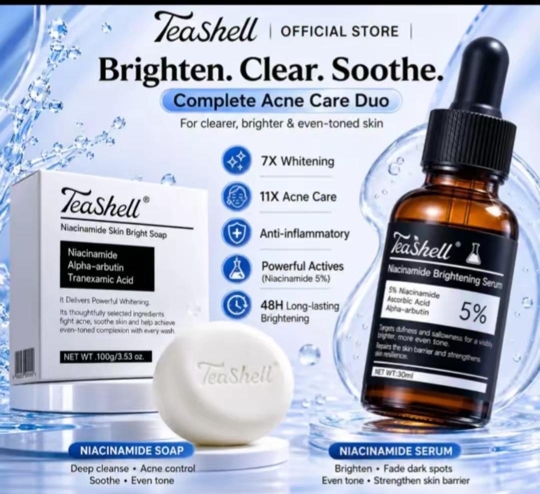 TeaShell Niacinamide 5% Brightening Serum & Soap Duo | Dark Spot Remover & Acne Care Set with Alpha Arbutin, Tranexamic Acid & Vitamin C for Even Skin Tone