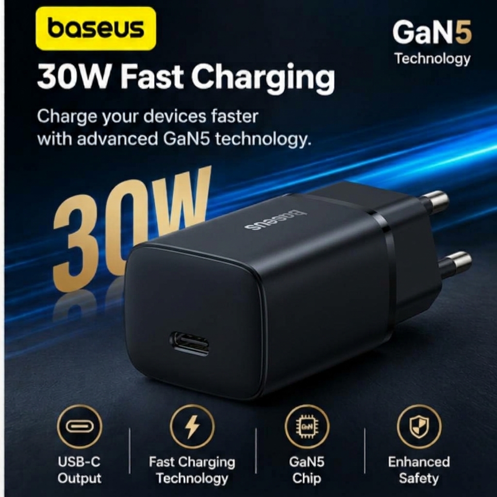 Baseus 30W PD China Laat GaN5 USB-C PPS and PD Fast Charger Adapter for Samsung Galaxy, Google Pixel All Mobiles Supported With Universal Compatibility