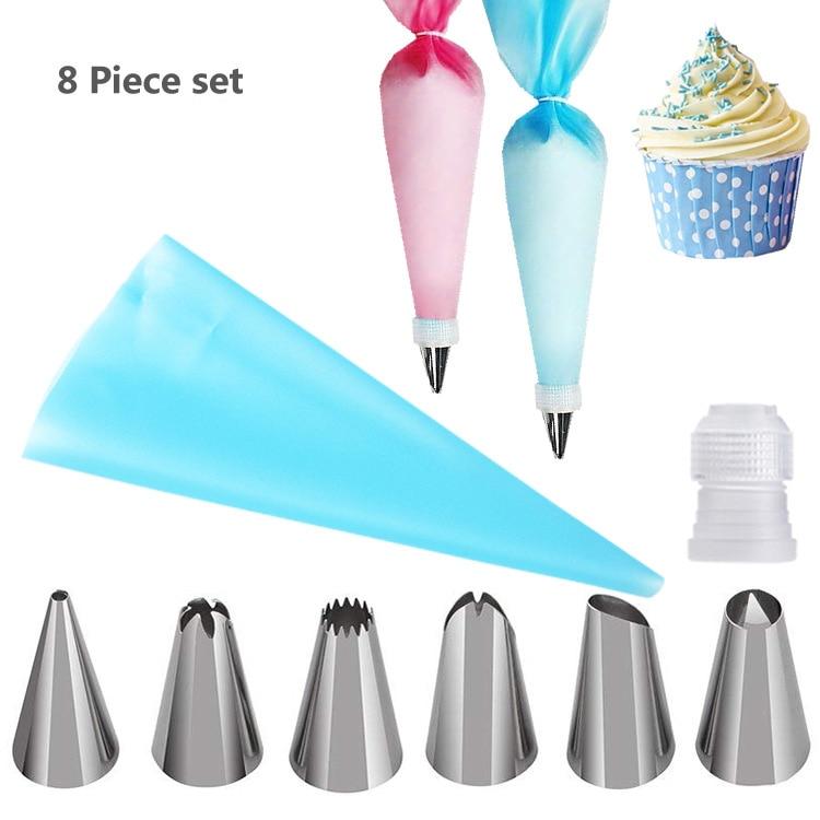 8 Piece Set, Silicone Icing Custard Bag + 6 Cake Nozzle Tips For Stainless Steel Cake Decorating Crafts, Fondant Cake Tools
