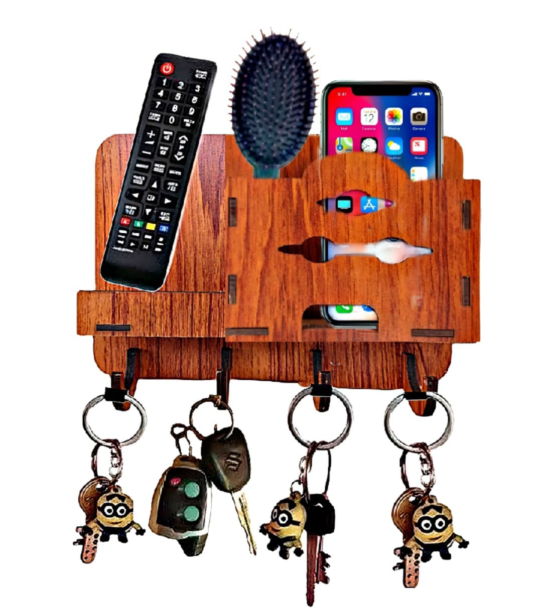 3D Home Decorative Wooden Organizer- 3D Wooden Phone Stand with Key Hooks - 3D Wooden Mobile Stand for 3 Phones - Wooden Holder for Phone, Keys, and Accessories - Wooden Organizer with 7 Steel hooks Tasbeeh Holder Remote Cover Rack Mobile Charger Holder