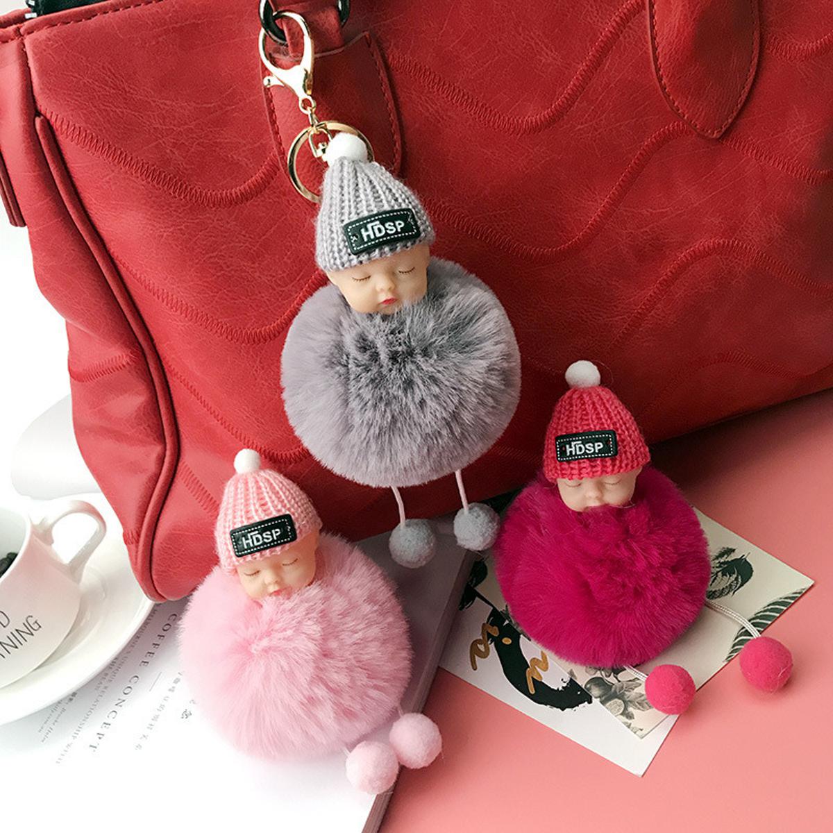 Sleeping Baby Doll Plush Fluffy Keychain For Women Handbag - 1pc Multicolor