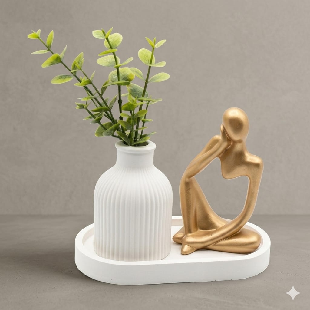 Set of 3 Home Decor Showpiece – Thinker Statue + Mini Vase + Oval Tray | Cement & Gypsum | Gift for Home, Office