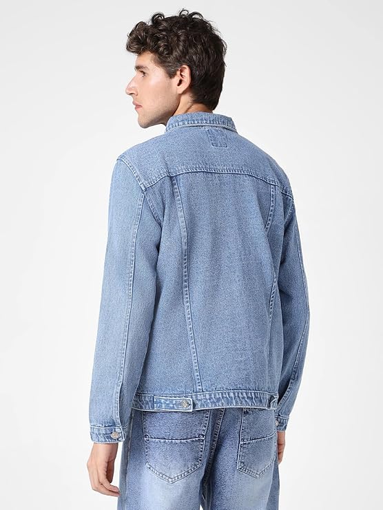 New Casual Chambray Denim Jacket with Button Closure and Collarless Design