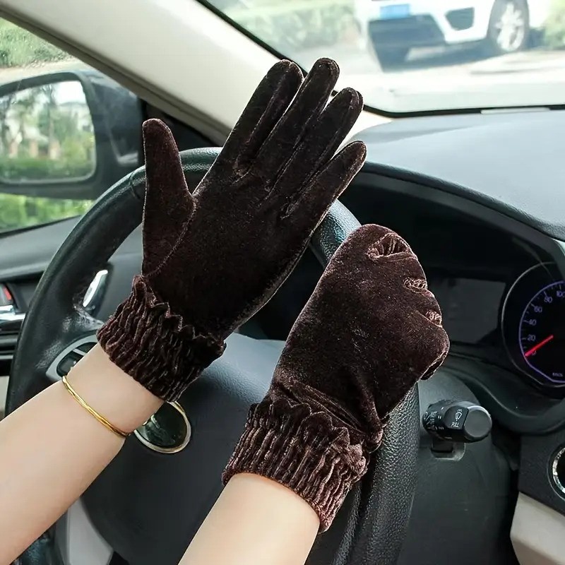 1 Pair Elegant Velvet Women'S Winter Gloves - Embroidered Acrylic Full Finger Warmth for Driving & Outdoor Activities, Elastic Stripe Craftsmanship, Hand Washable - Perfect Gift for Going Out
