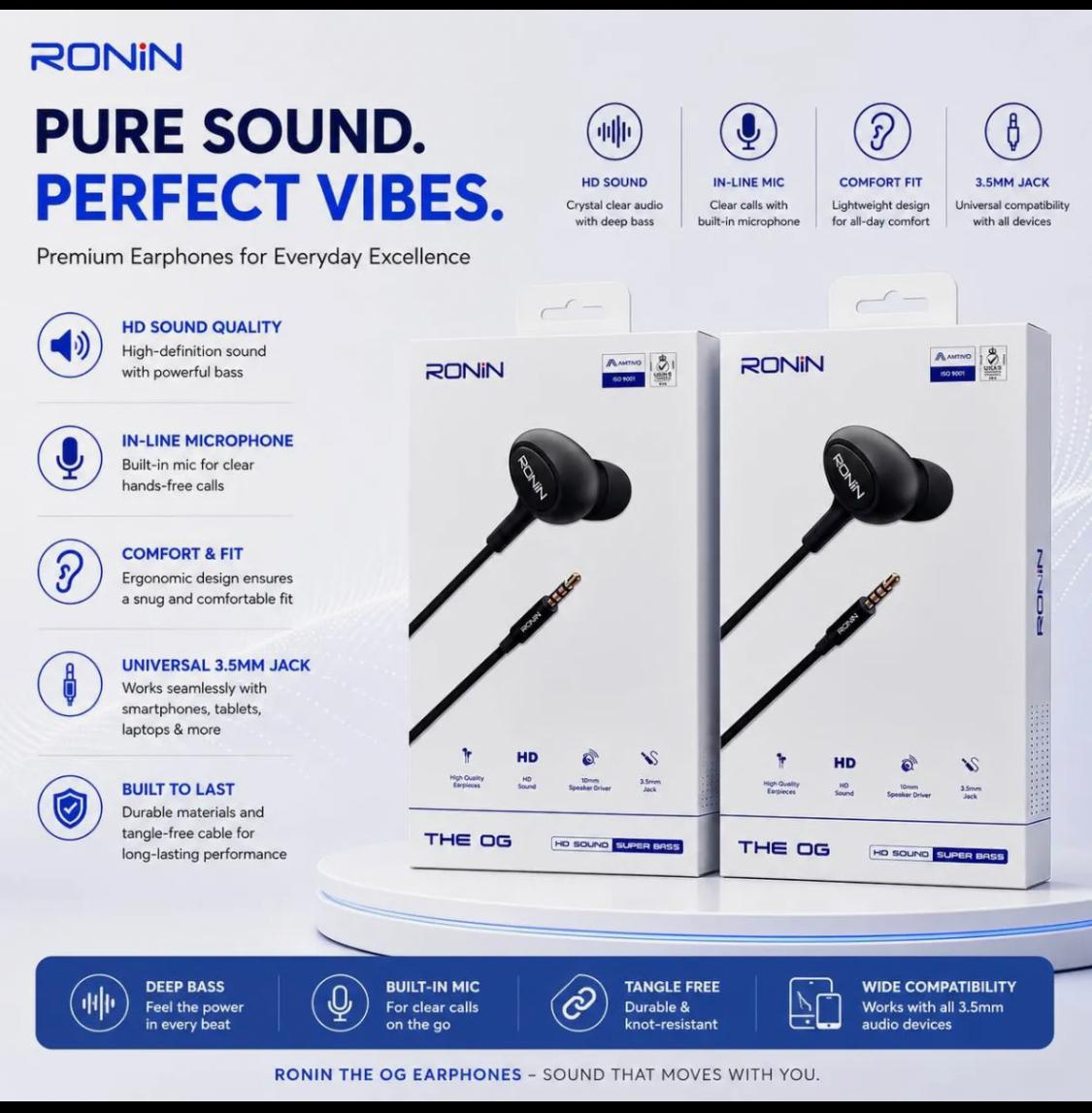 Original Ronin R-9 Wired Handsfree | Crystal Clear Stereo Sound, Powerful Bass & 10mm Driver | 3.5mm AUX In-Ear Earphones with Mic for Calling, Music & Gaming | Ronin Handfree | Comfortable Fit Design