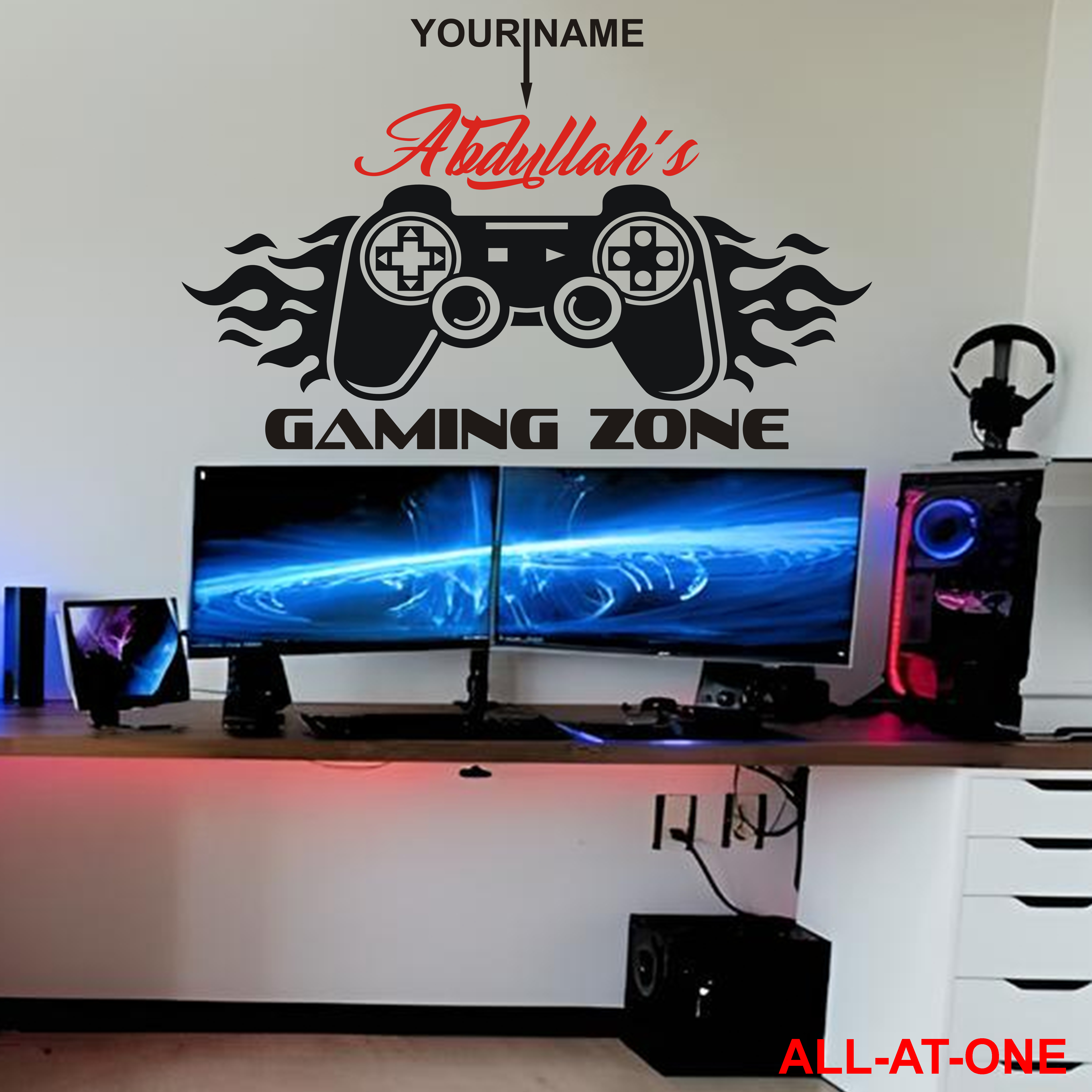 ALL-AT-ONE # 67 ("CUSTOMISED NAME FOR YOUR GAMING ROOM") Self-Adhesive Vinyl Waterproof Removable Art Sticker To Decorate Your Desired Bedroom, Computer Room, and Gaming Room and to Gift Your Friends and Relatives.