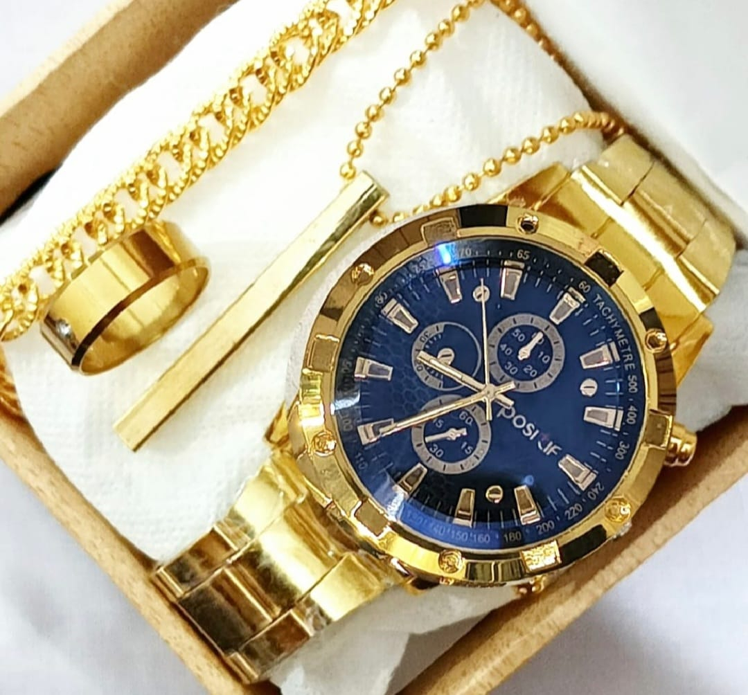 Premium Men’s Luxury steel straps round dial watches hand watch-silver watch- men watches-watch for boys-watch for men-watch for kids-watch for young's-watch for boys + Bracelet + With Chain+Ring -High Quality stylish-branded-watch Best  for Gift