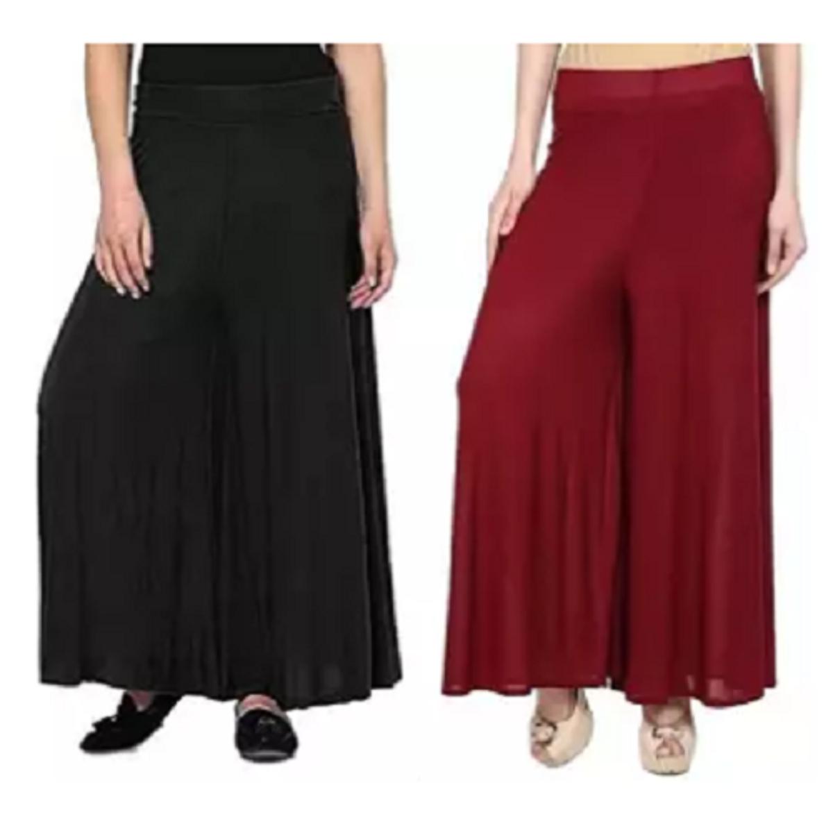 Pack Of 2 Bundle Offer Viscose Long Palazzo Pants for Women (Black-Maroon)