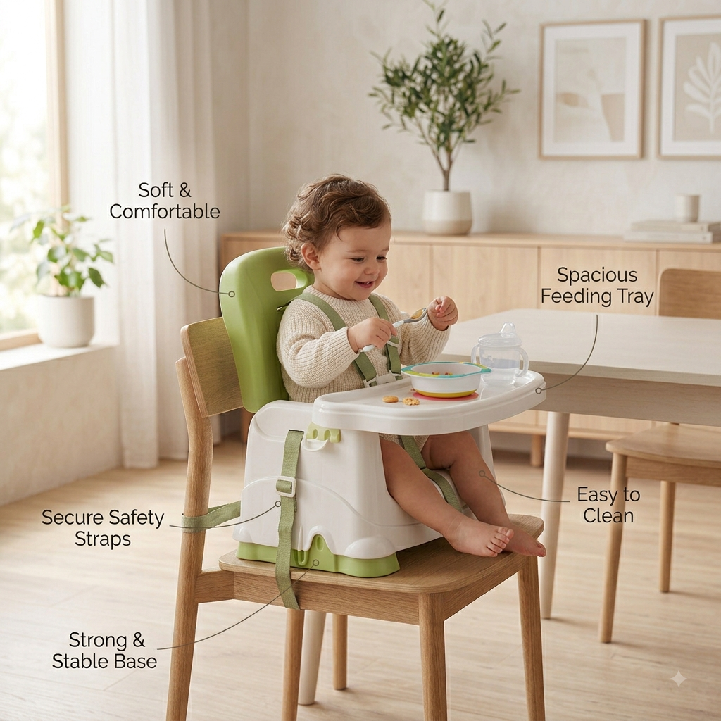2-in-1 Baby High Chair – Foldable & Portable Feeding Chair for Kids with Adjustable Tray, Double Straps for Safety, Comfortable & Easy to Clean Booster Seat