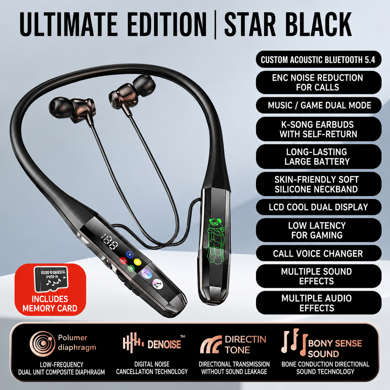 Neckband wireless Earphones  Bluetooth 5.4 Headphones TWS Wireless Headsets HiFi Stereo Waterproof Earbuds Support TF Card