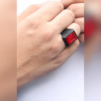High Quality Men's Titanium Red Stone Top Trending Ring For Men & Boys - Black