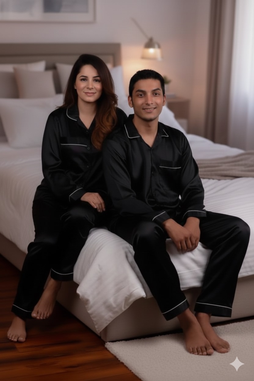 couple night suit  silk couple nighty  free size night dress  stretchable night suit  matching couple pajama set  silk nightwear for couples  12 colors night suit  men women night suit set