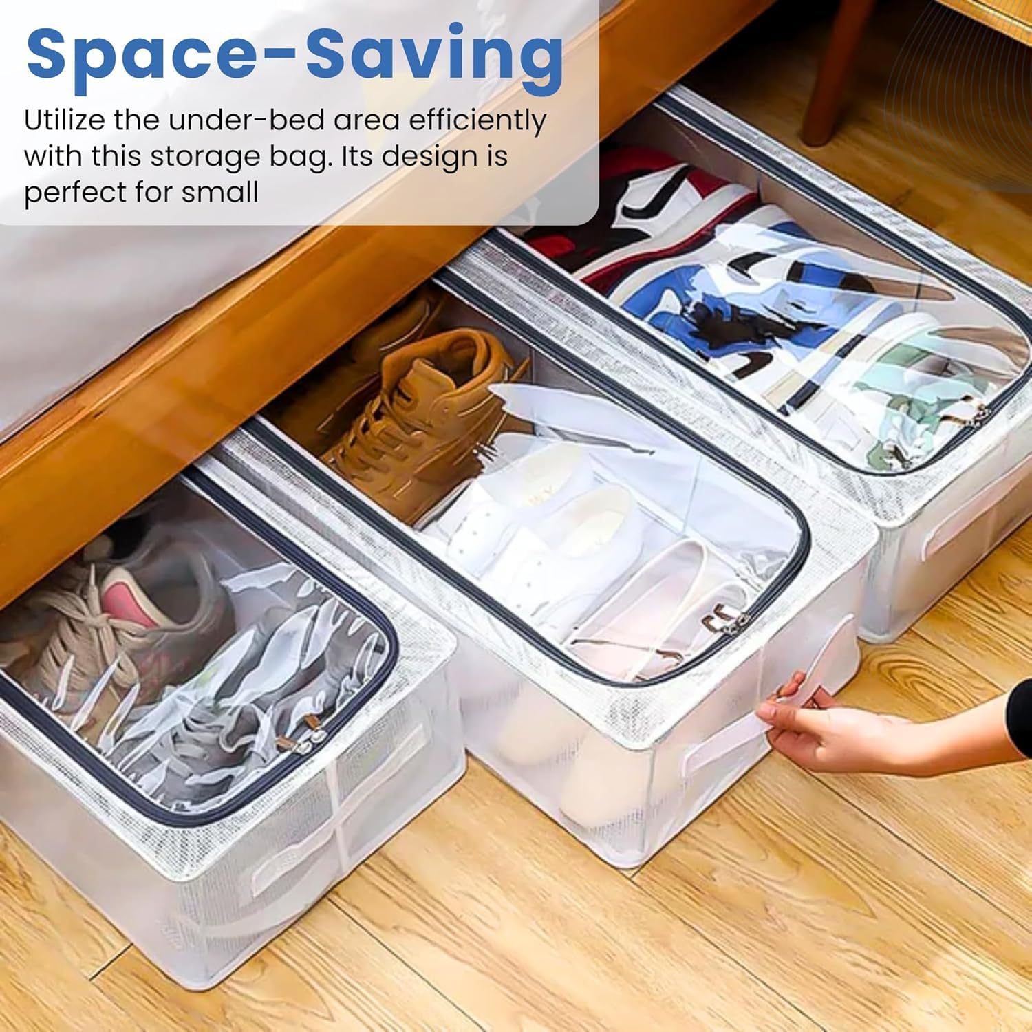 Under Bed Shoe Storage Box with Steel Frame – Large Foldable Transparent Shoe Organizer Bag for Men & Women – Clear Dustproof Shoe Cover with Handle for Heels, Boots, Sneakers – Space Saving Closet Storage Rack (60x30x15cm)