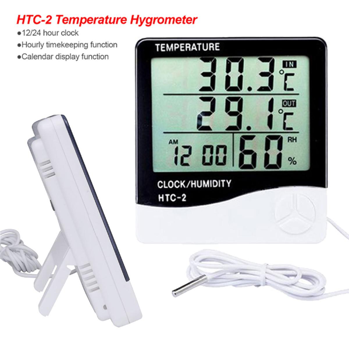 Digital LCD Temperature Humidity Meter Indoor/Outdoor Room Thermometer Clock Hygrometer with sensor - HTC2