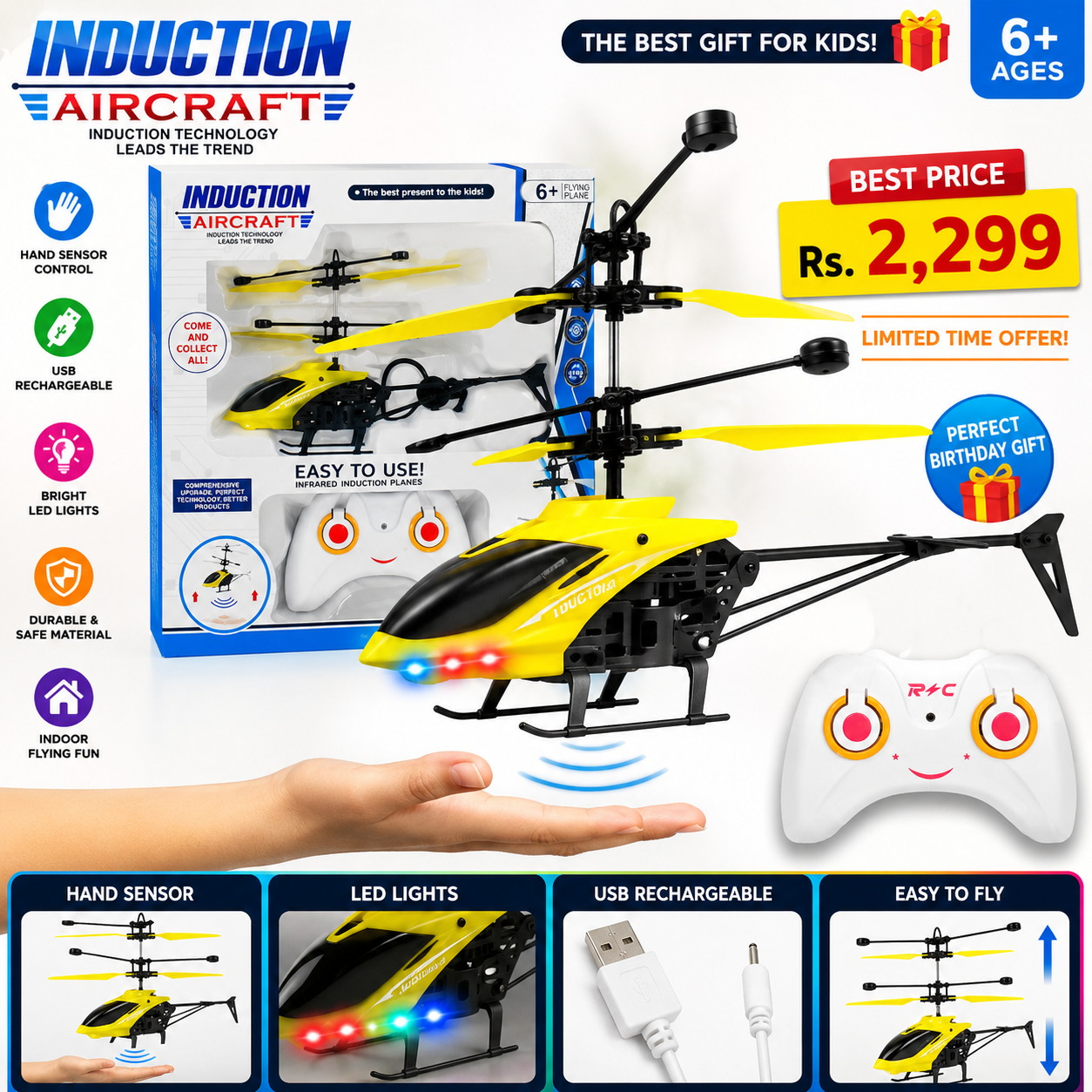 Rechargeable RC Induction Flying Helicopter for Kids, Flying Toy For Boys, Sensor Drone Helicopter, USB Charging | Hand Sensor Control, LED Lights | Indoor Mini Drone Toy, Best Birthday Gift for Boys & Girls Age 6 to 15