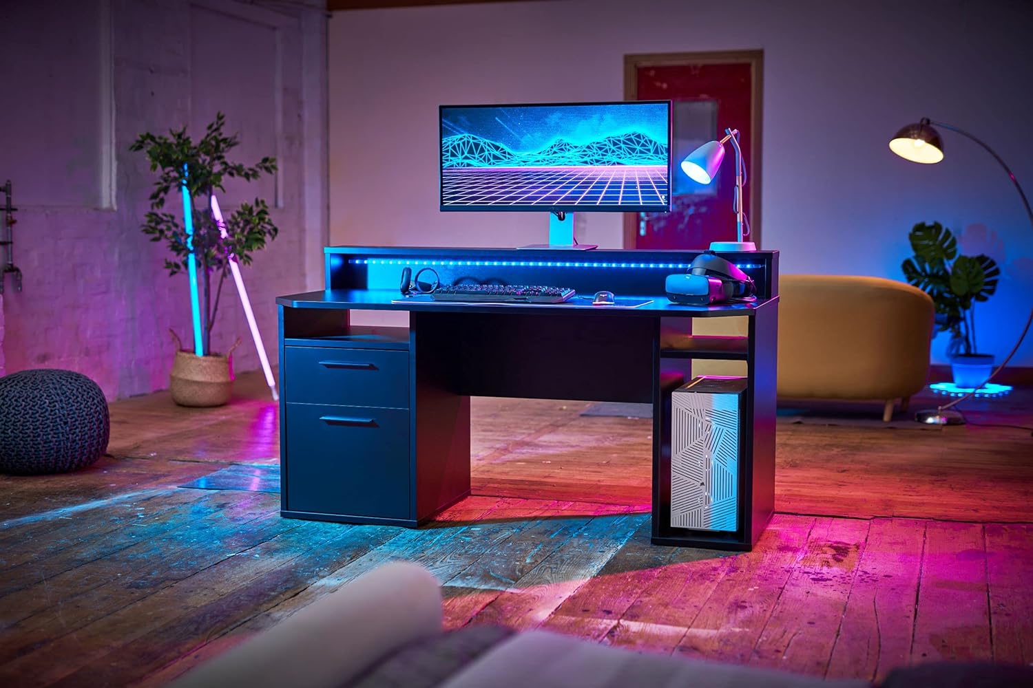 Gaming Desk With LED Lights 48 inch x 24 inch x 30 inch Computer Desk Workstation For Large PC Home Office Desk Perfect Black Desk With Drawers & Storage (Customised)