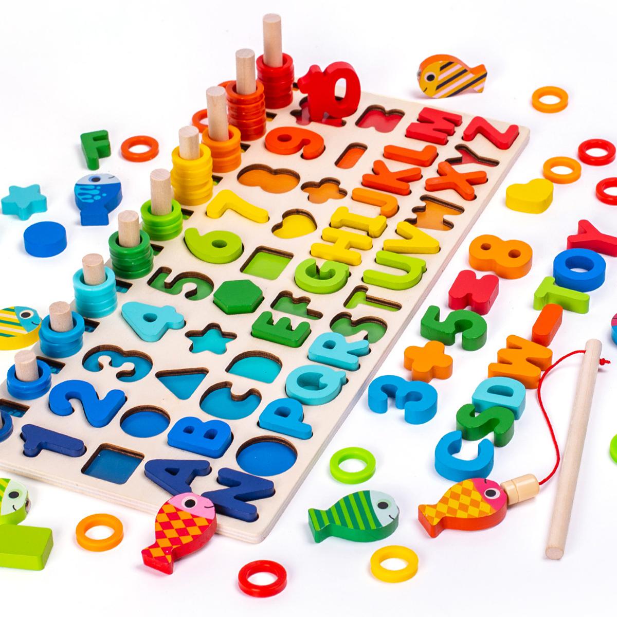 6 in 1 Wooden Montessori Learning Toy, Magnetic Fishing Game, 6-in-1 Wooden Blocks Puzzle Board Set Alphabet ABC, Numbers, Mathematical Signs and Letters for Toddlers Preschool Montessori Counting Educational Wooden Toy