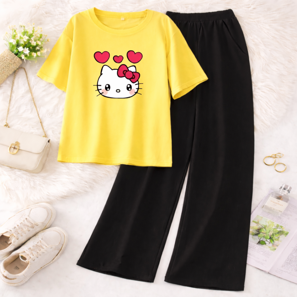 FashionPoint - Kitty Printed 2Pcs Printed Half Sleeves T Shirt with Trouser Soft Jersey Fabric Casual Daily Wear For Girls and Kids