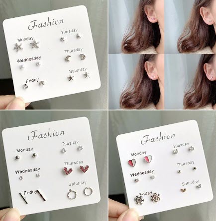 Pack of 6 Pair of earrings for Girls Heart Star Mini Earrings Set Fashion Girl Small Jewelry Square Leaf Pearl Stud Earring Sets Lady Mini Jewelry Good Quality Alloy Material