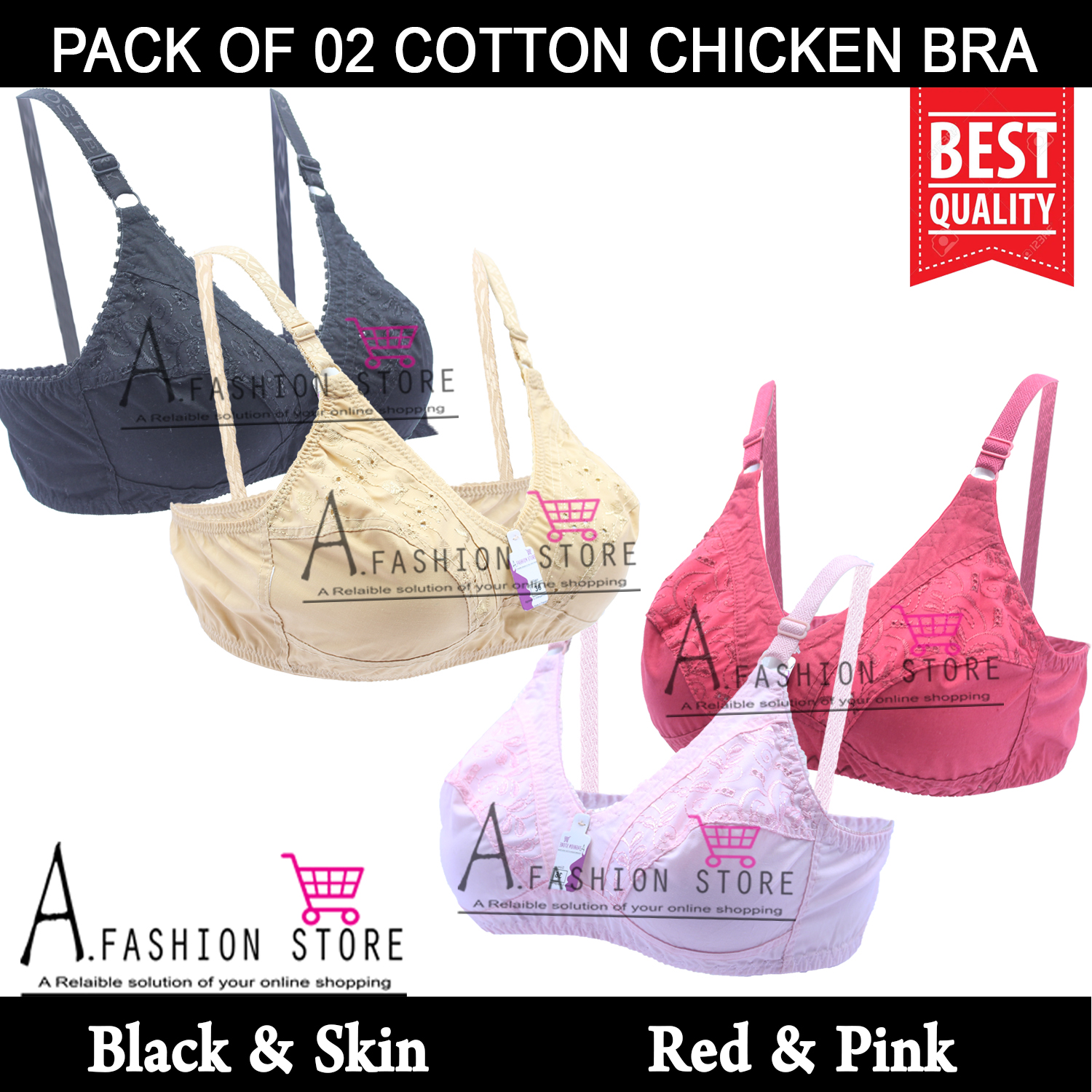 A.Fashion Pack of 02 Cotton Chicken Bra for Women Multi Color - 03 Hooks Cotton  Chicken Bra for Girls Ladies Undergarments