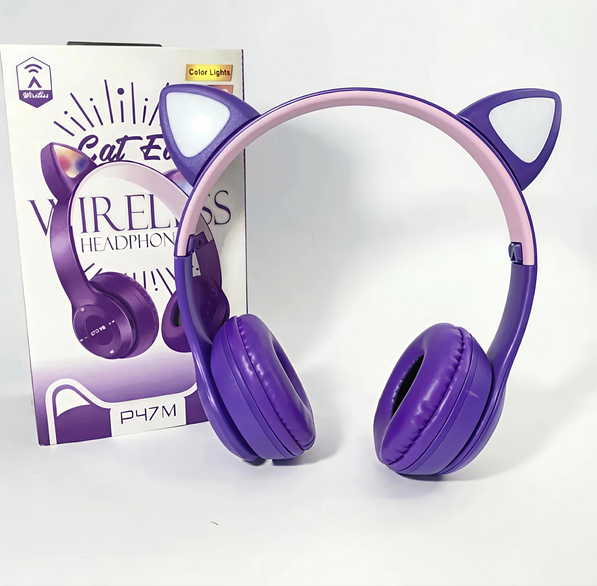 P47M Wireless Bluetooth Cat Ear Headphones with LED Lights | Foldable Stereo Headset for Mobile, PC & Laptop