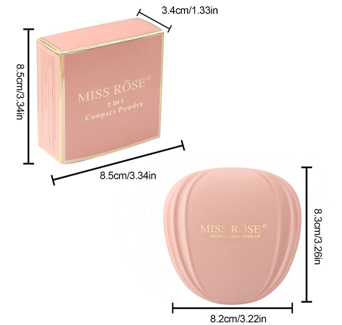 Miss Rose Elegant Dual-Tone Compact Powder with Built-in Mirror & Puff, Full Coverage Face Makeup, Neutral Pressed Powder