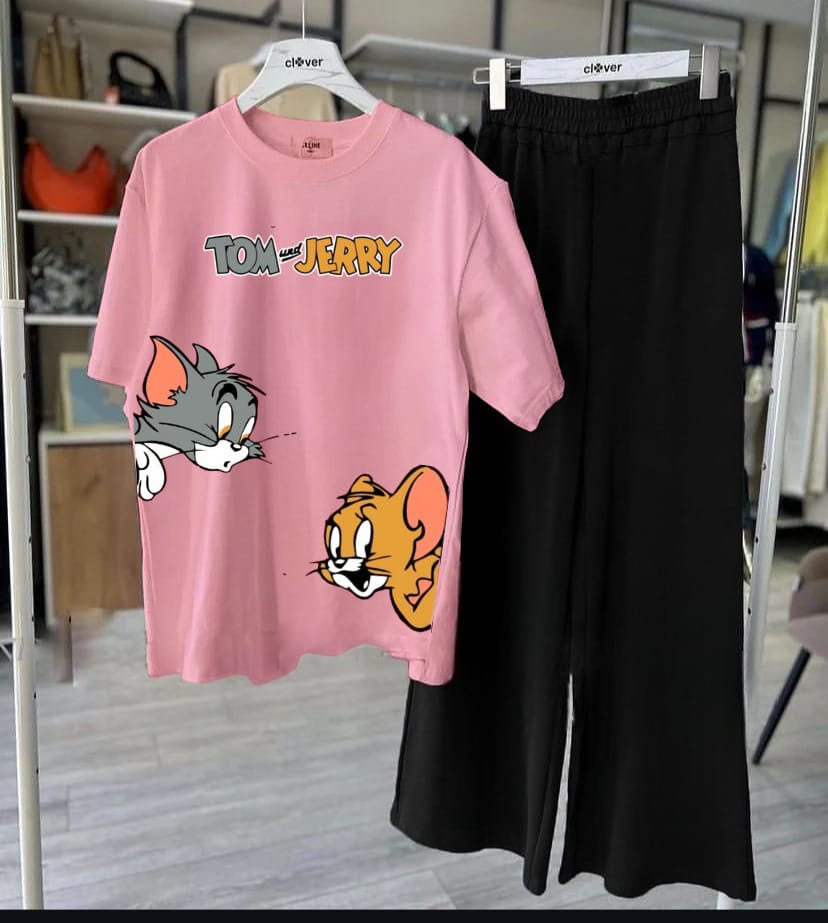 Tom & Jerry Cute Cartoon Printed Night Wear Premium Quality Women's & Kids' Nightwear – Stylish, Comfortable, and Soft Sleepwear Pajamas, Night Suits & Loungewear for All Seasons Adult Size S to XL & Kids Size 7 to 14 Years, Tees Pajama T-shirt Palazo