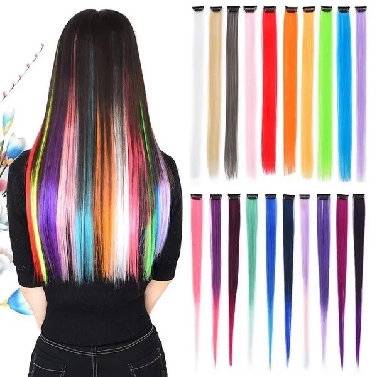Hair Extensions Clip In Neon Hair Extension Hairpieces Party Highlights Synthetic Halloween Hair Accessories Colored Straight Extension Clip Ins for Kids Girls 22 1pcs