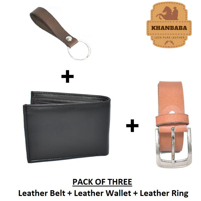 Pack Of Three - Leather Wallet + Leather Belt + Leather Key-chain