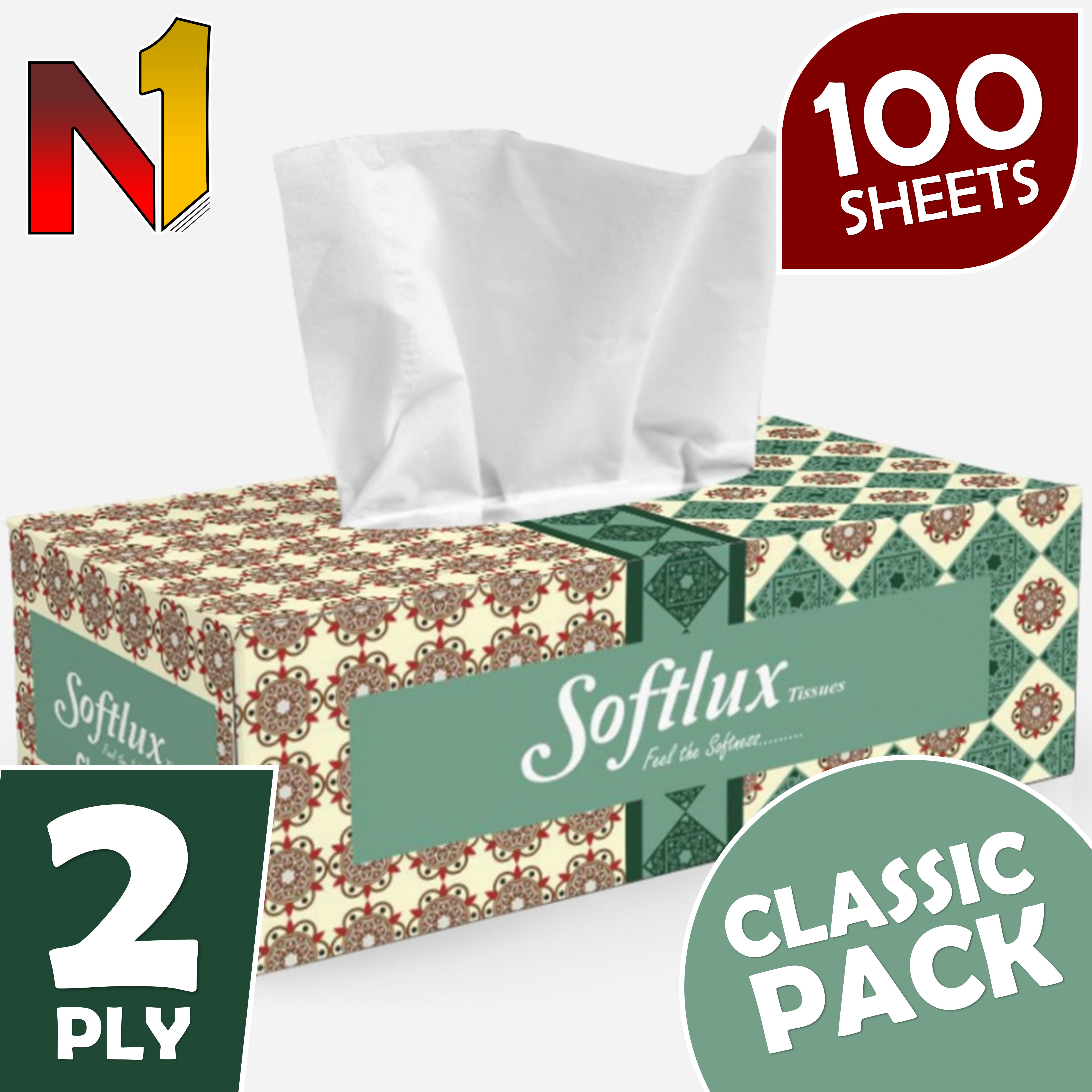 Softlux Tissues - Classic Pack - Best Quality Tissue Box 50x2ply (100 Sheets) - Number One - For Cleaning Face, Office, Home