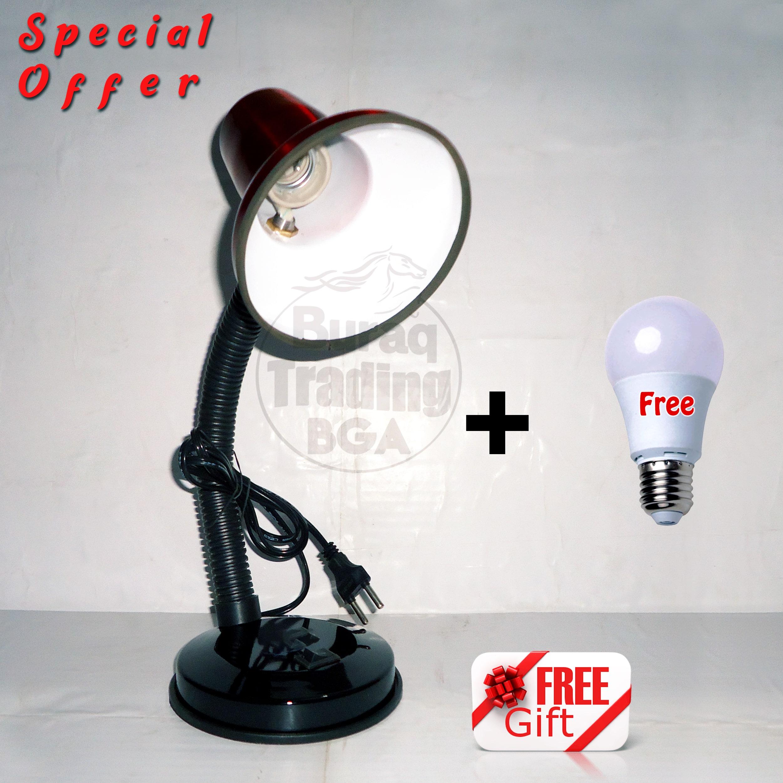 Study Table Lamp With Switch And Steel Reading Night Light With Free Gift E27 Led Bulb Red Color