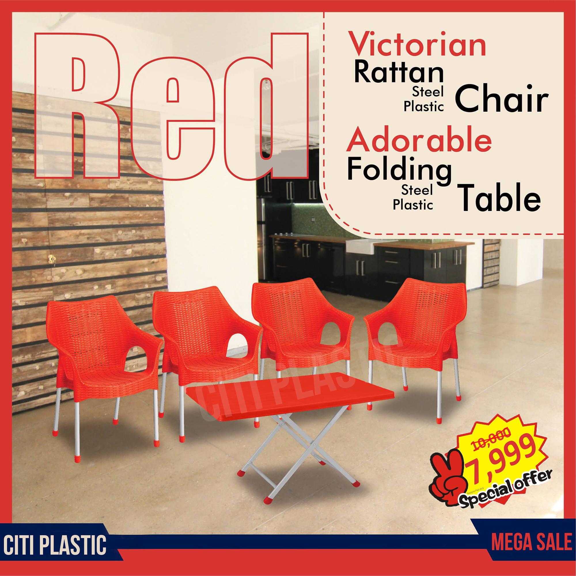 Set Of 4 Rattan Plastic Indoor/outdoor Chairs And Plastic Table - Red