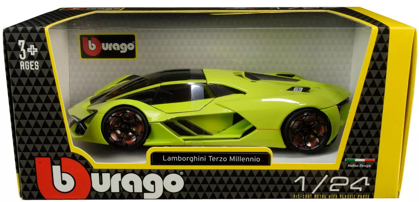 Lamborghini Terzo Millennio Lime Green with Black Top and Carbon Accents 1/24 Diecast Model Car by Bburago